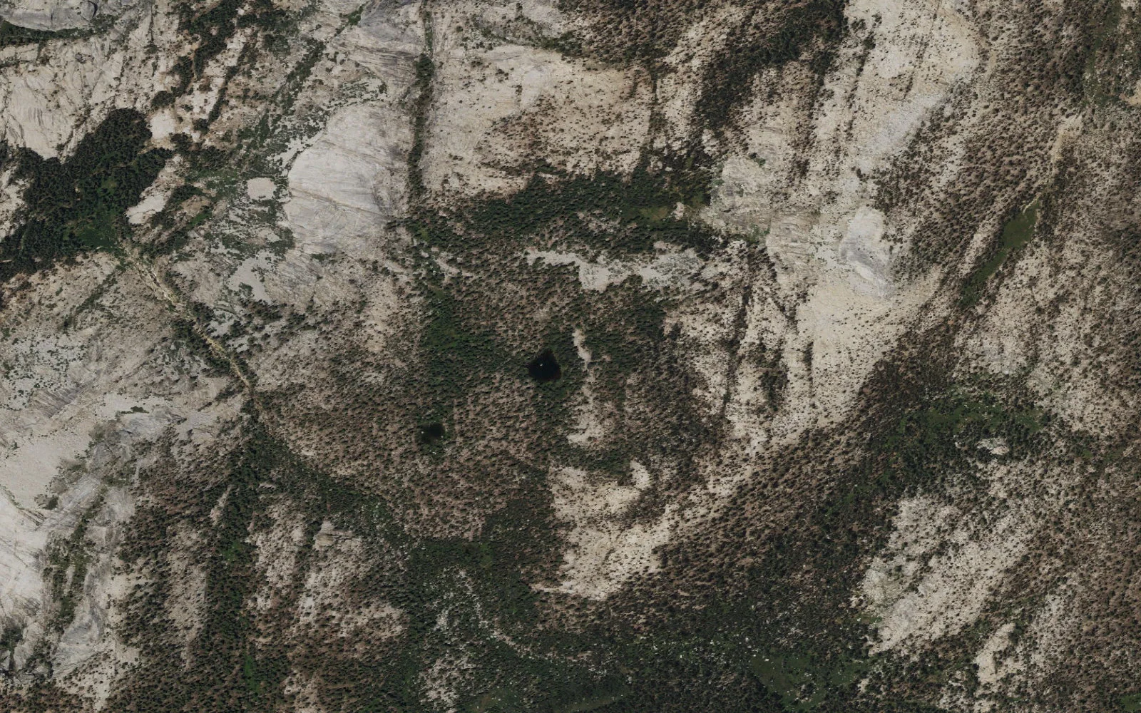 Aerial view centered on Clouds Rest Shoulder camp area