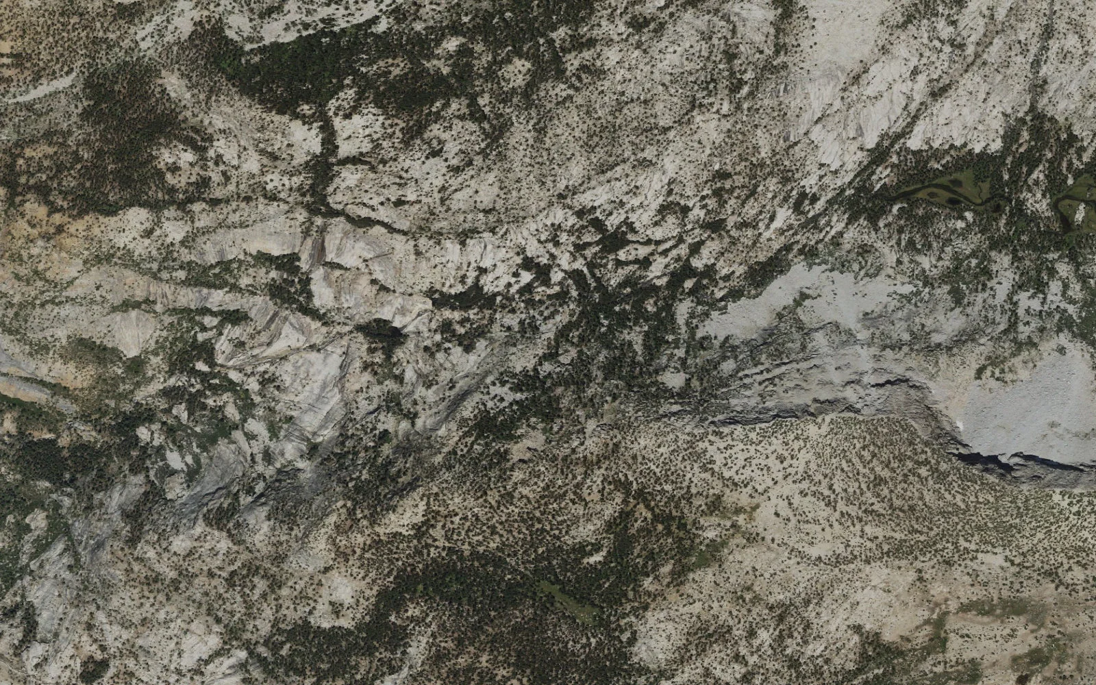 Aerial view centered on Lower Lyell Fork of the Merced River & Doc Moyle's Camp