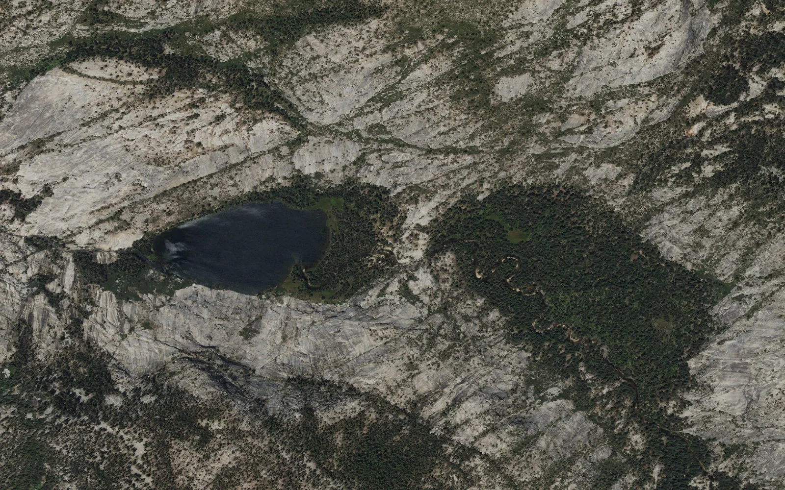 Aerial view centered on Merced Lake High Sierra Camp