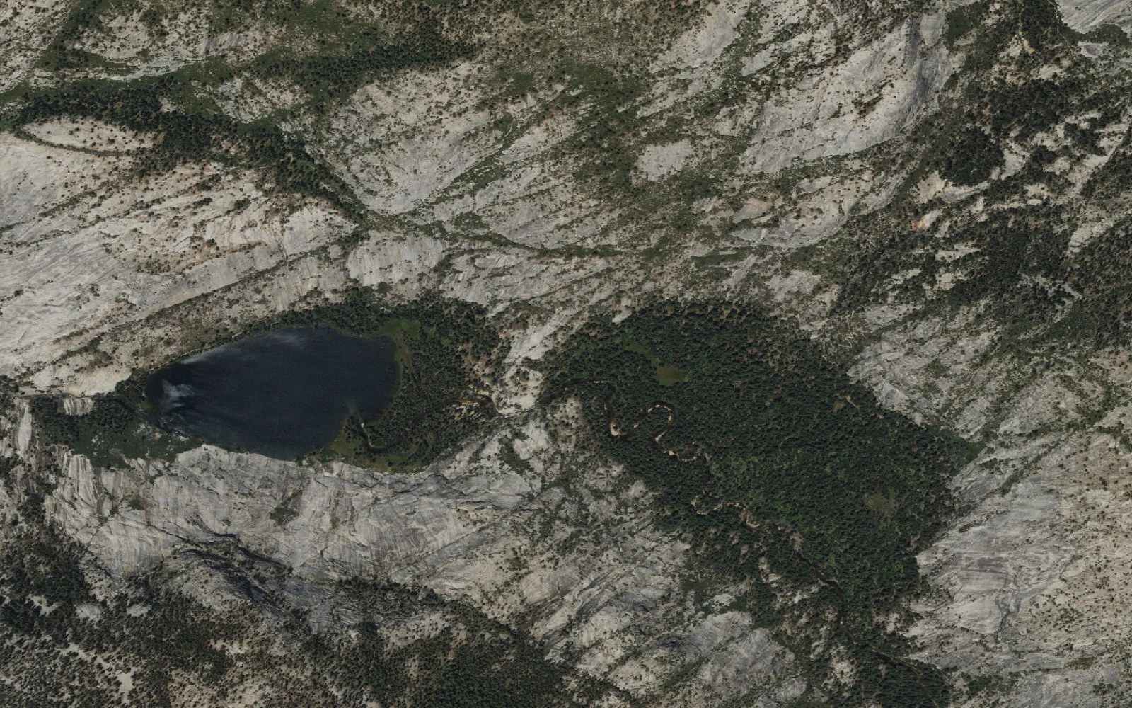 Aerial view centered on Merced Lake camp area