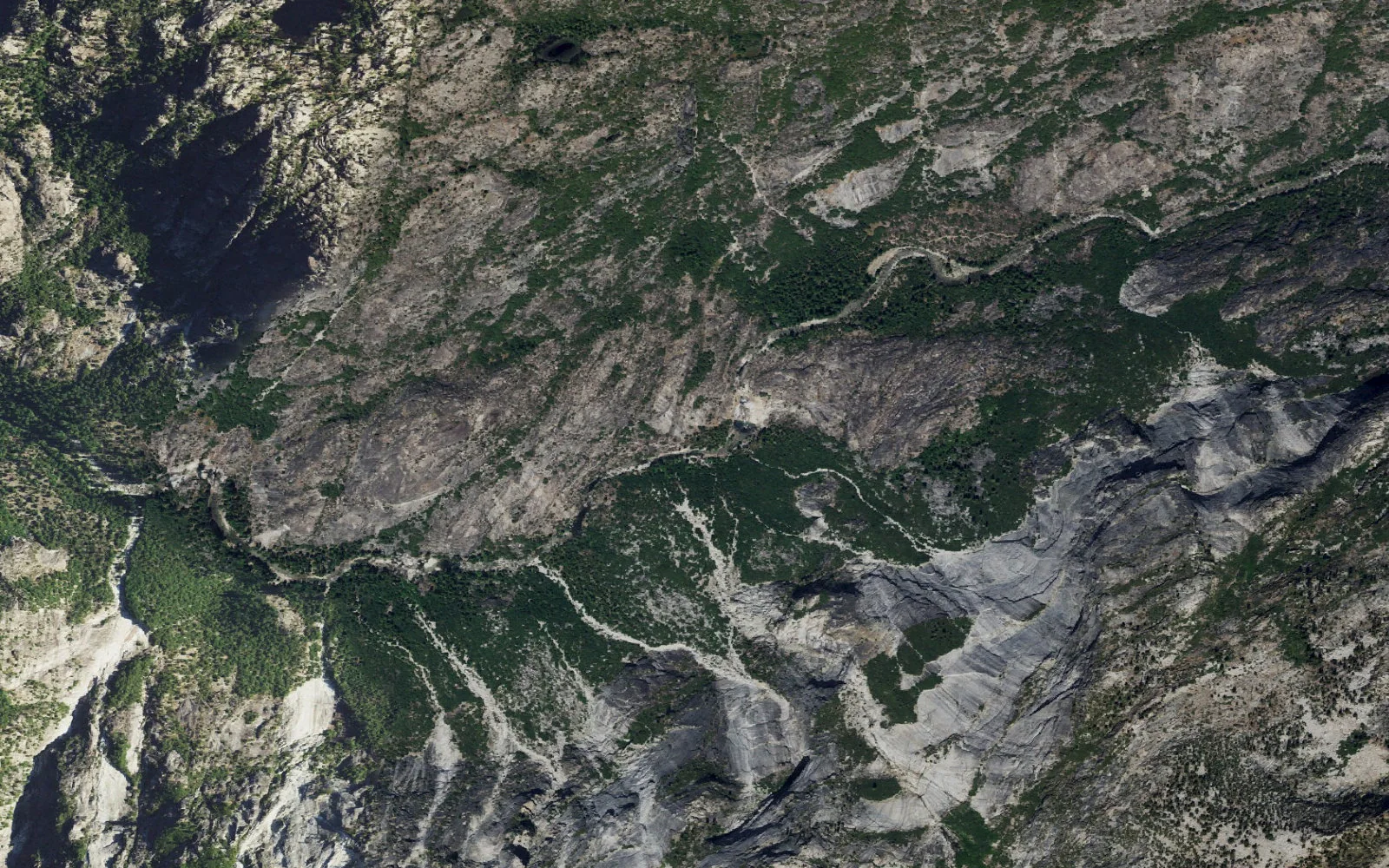Aerial view centered on Muir Gorge of the Grand Canyon of the Tuolumne camp area