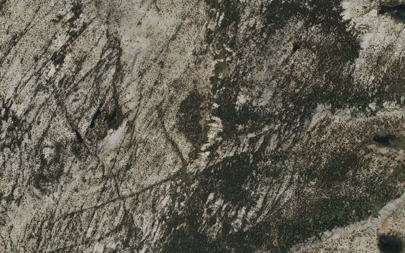 Aerial view centered on Triple Peak Fork of the Merced River camp area