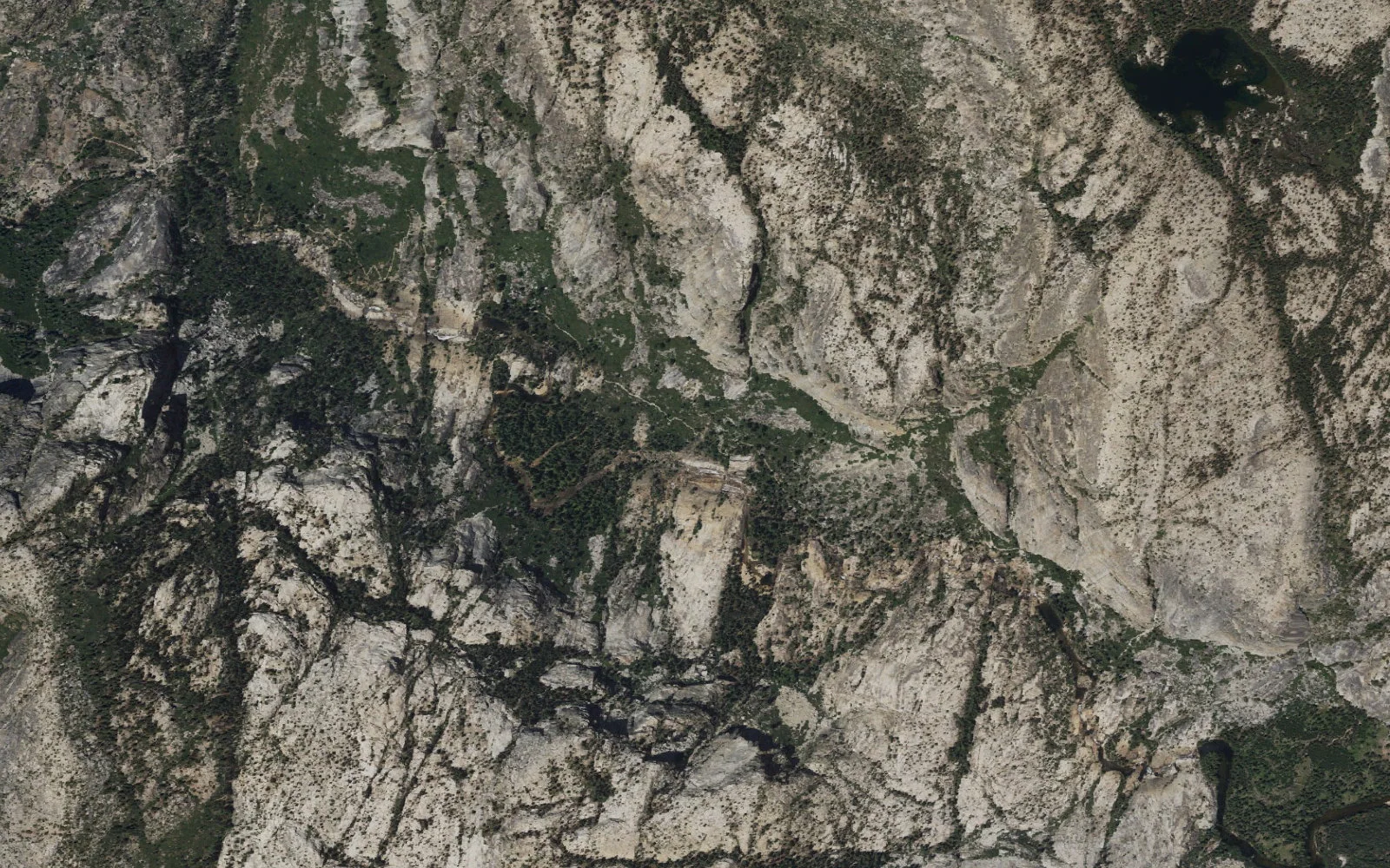 Aerial view centered on Waterwheel Falls camp area
