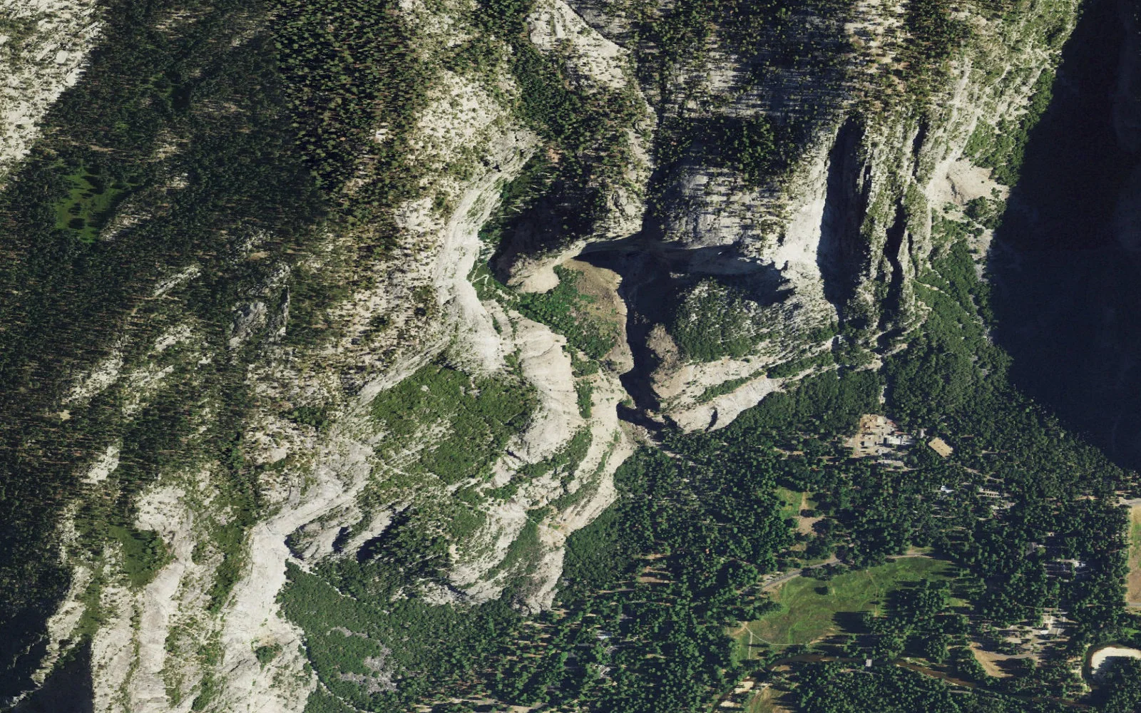 Aerial view centered on Yosemite Falls camp area
