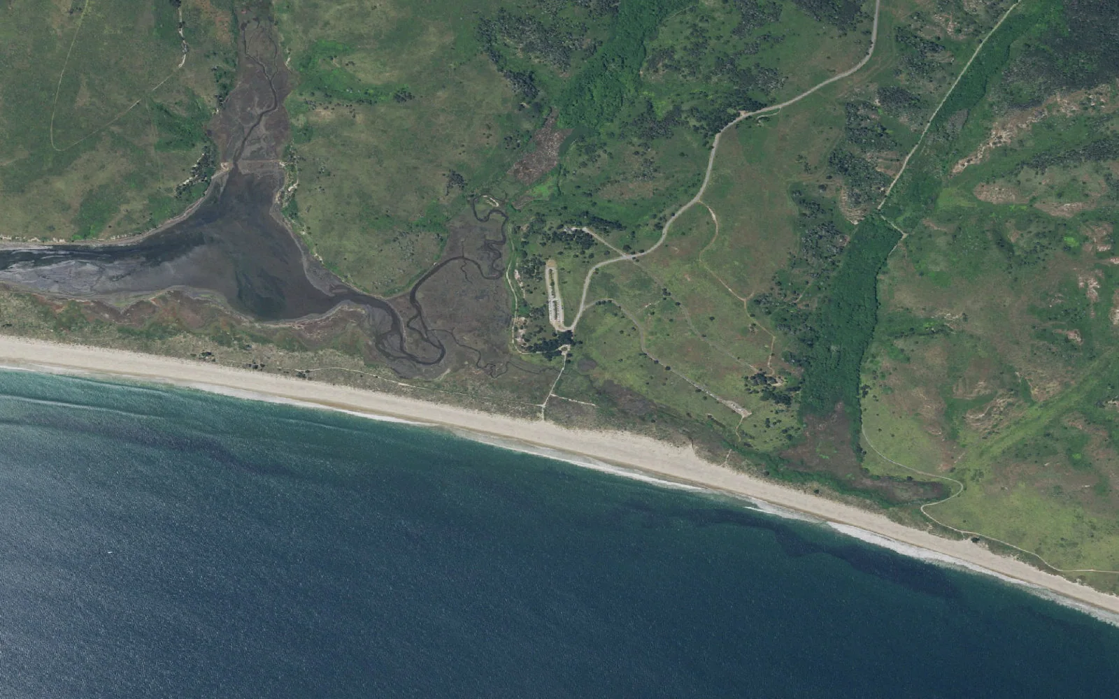 Aerial view centered on Limantour Beach Trailhead