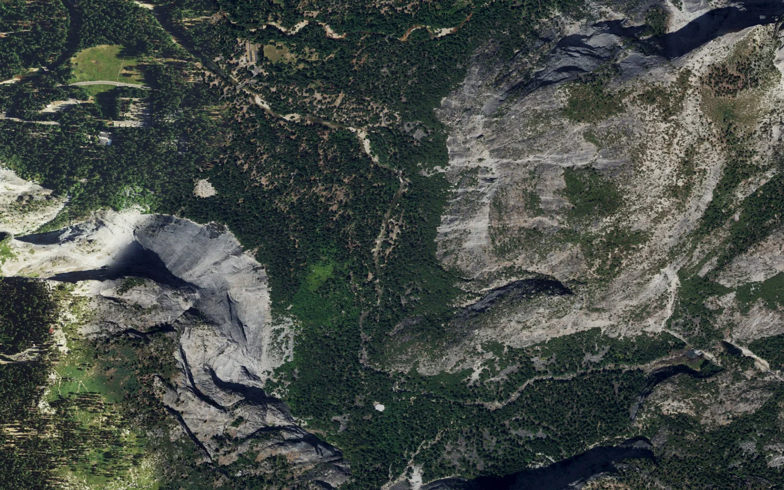 Aerial view centered on Happy Isles Trailhead