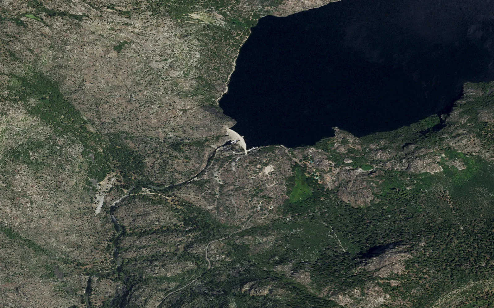 Aerial view centered on Hetch Hetchy Trailhead