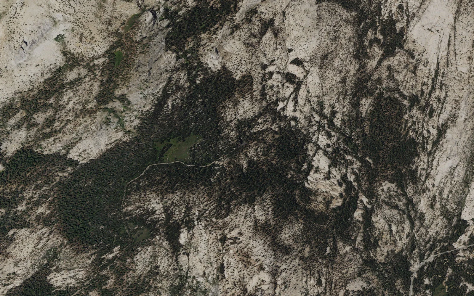Aerial view centered on May Lake Trailhead