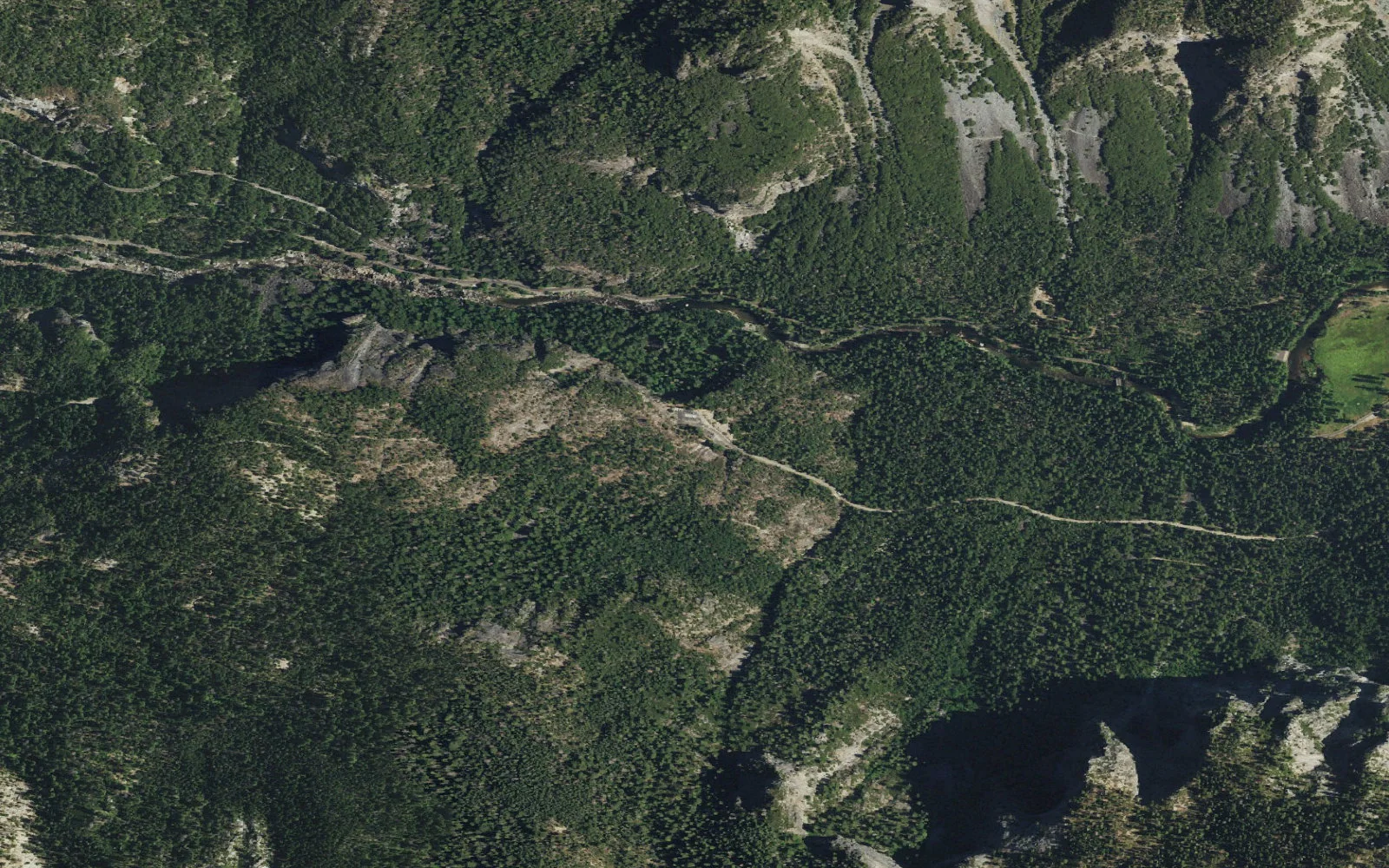 Aerial view centered on Pohono Trail — Wawona Tunnel Trailhead