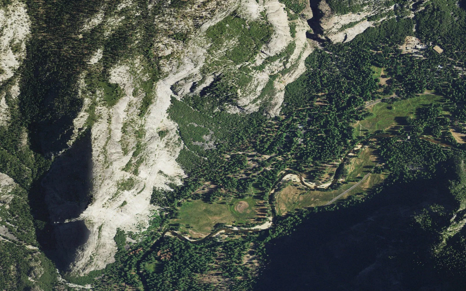 Aerial view centered on Yosemite Falls Trailhead