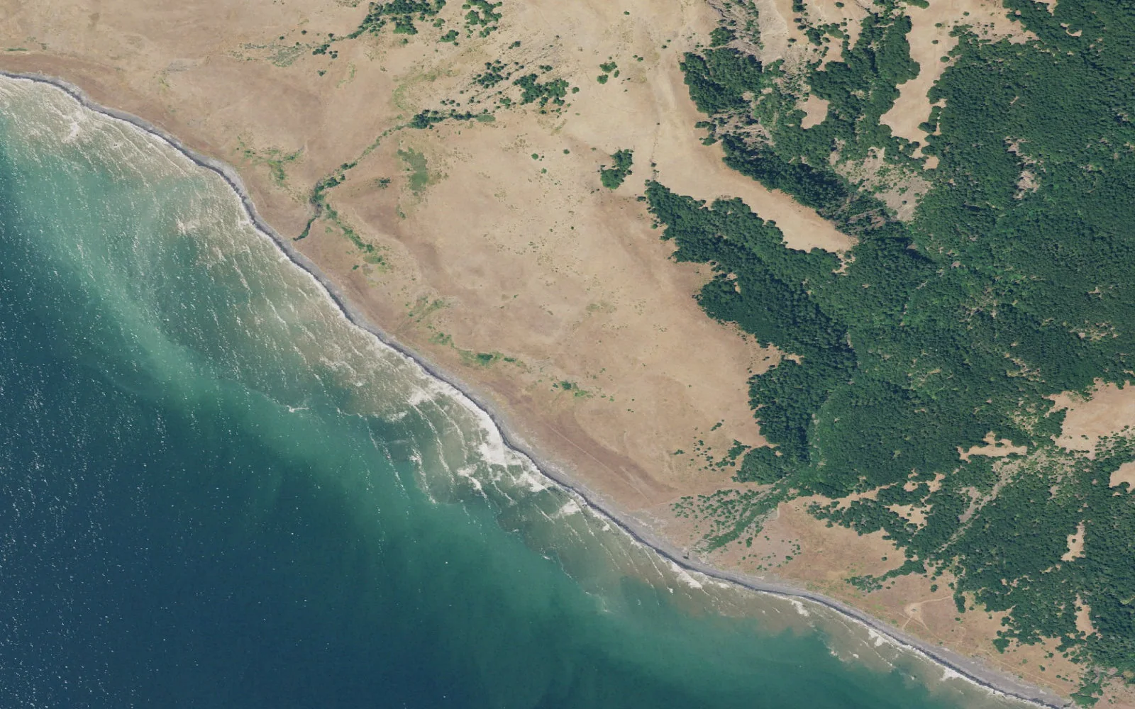 Aerial view centered on Randall–Spanish–Big Creeks camp area