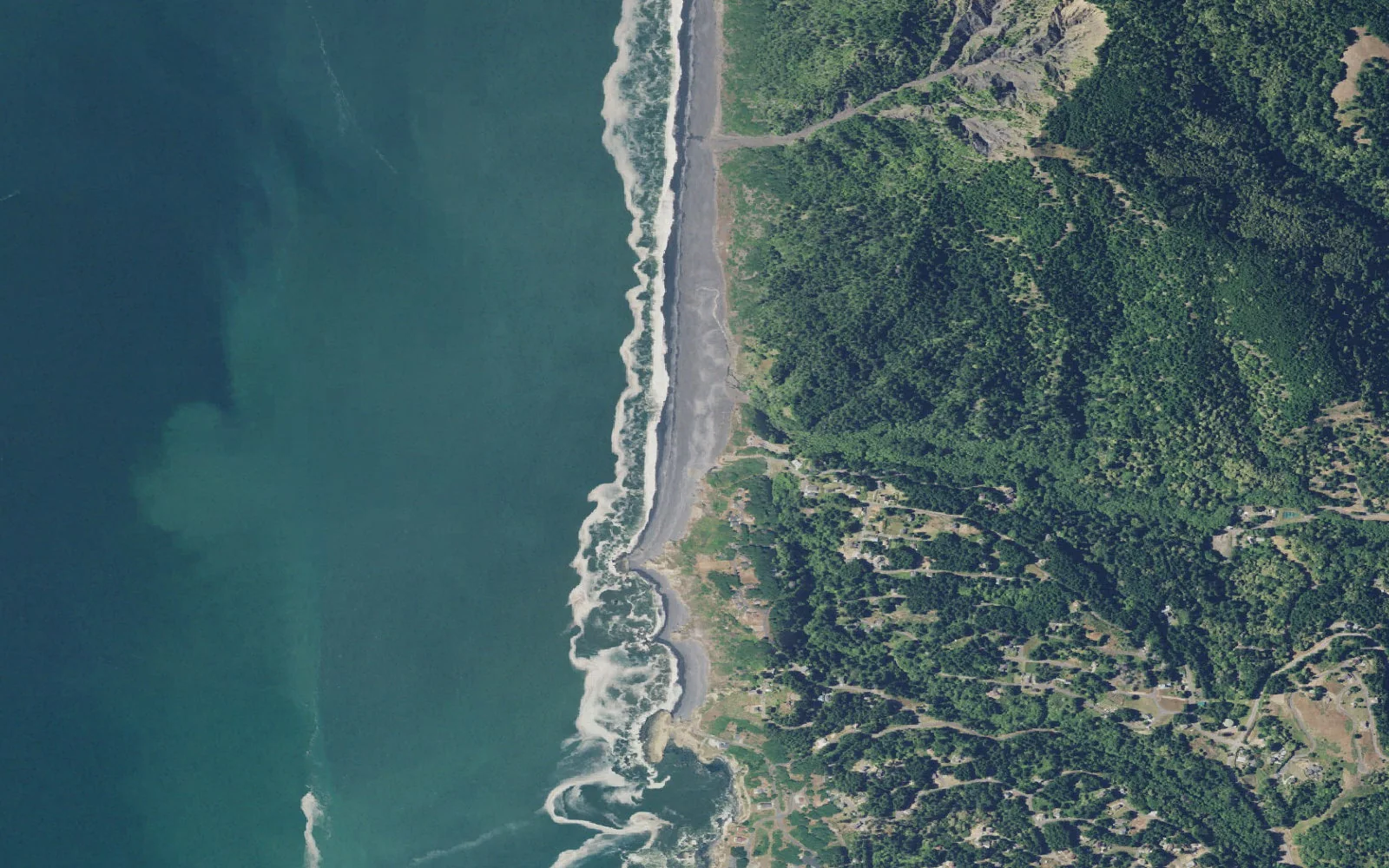 Aerial view centered on Black Sands Beach Trailhead