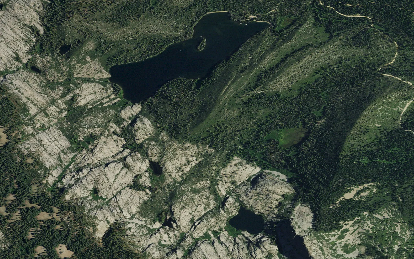 Aerial view centered on Gold Lake Backcountry Zone camp area