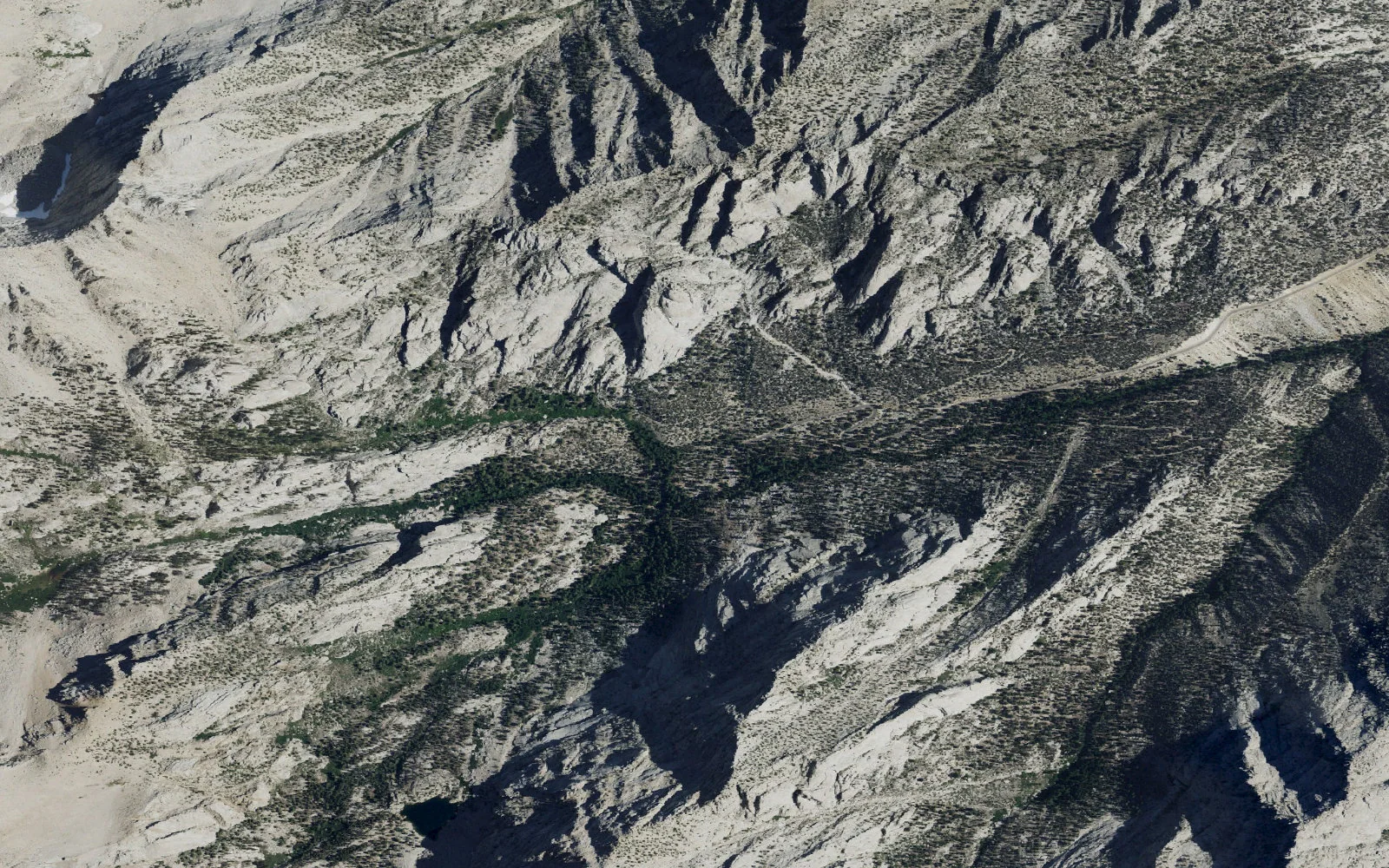 Aerial view centered on North Fork Lone Pine Creek Trailhead