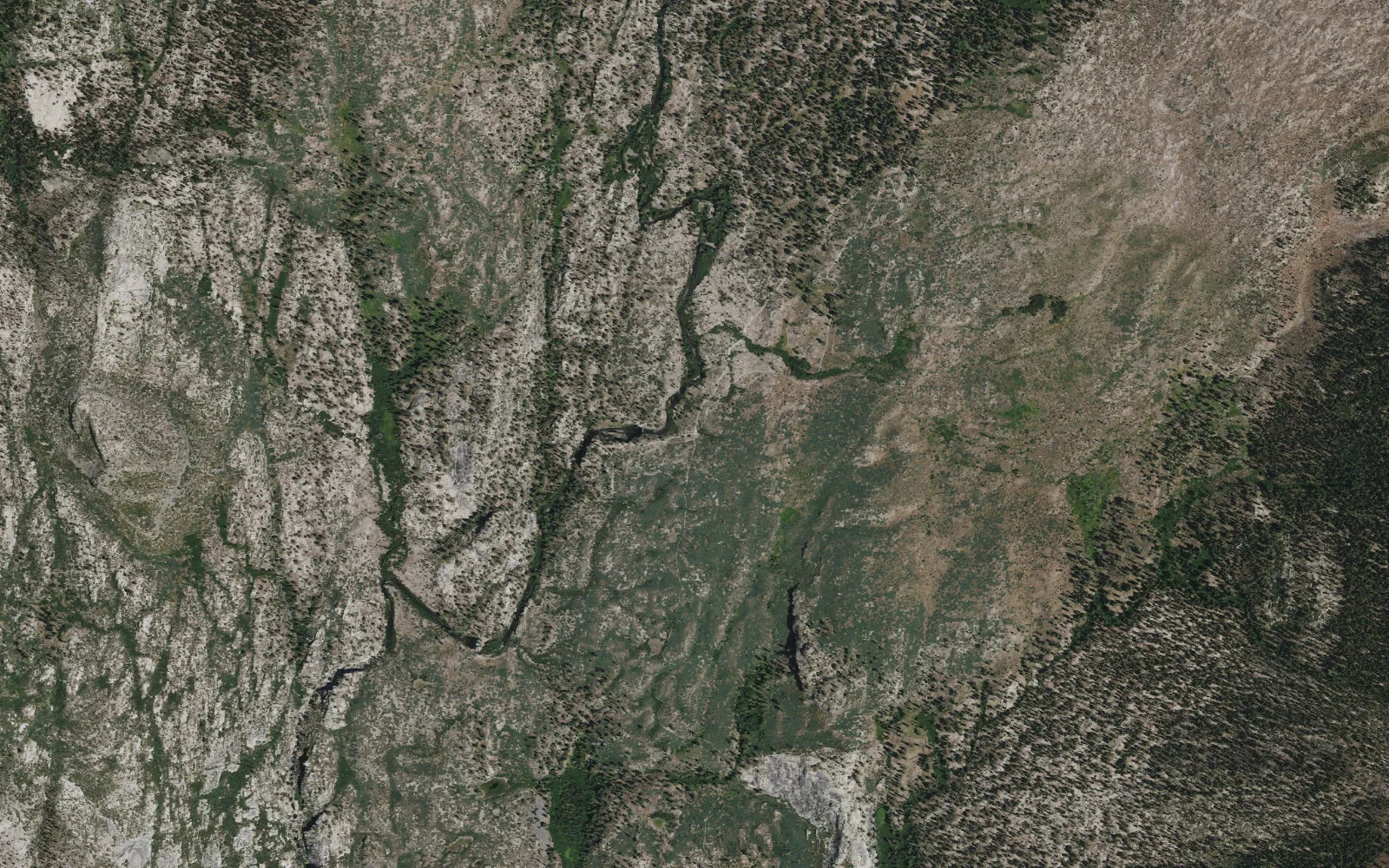 Aerial view centered on Reds Meadow Trailhead
