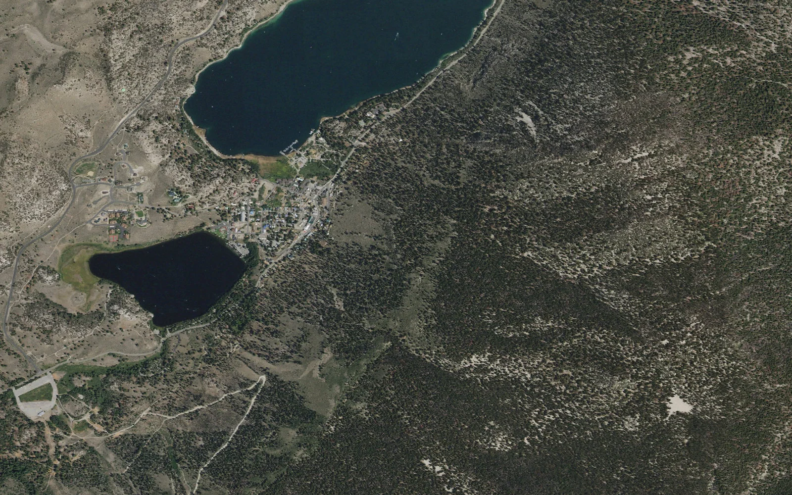 Aerial view centered on Yost and Fern Lakes Trailhead
