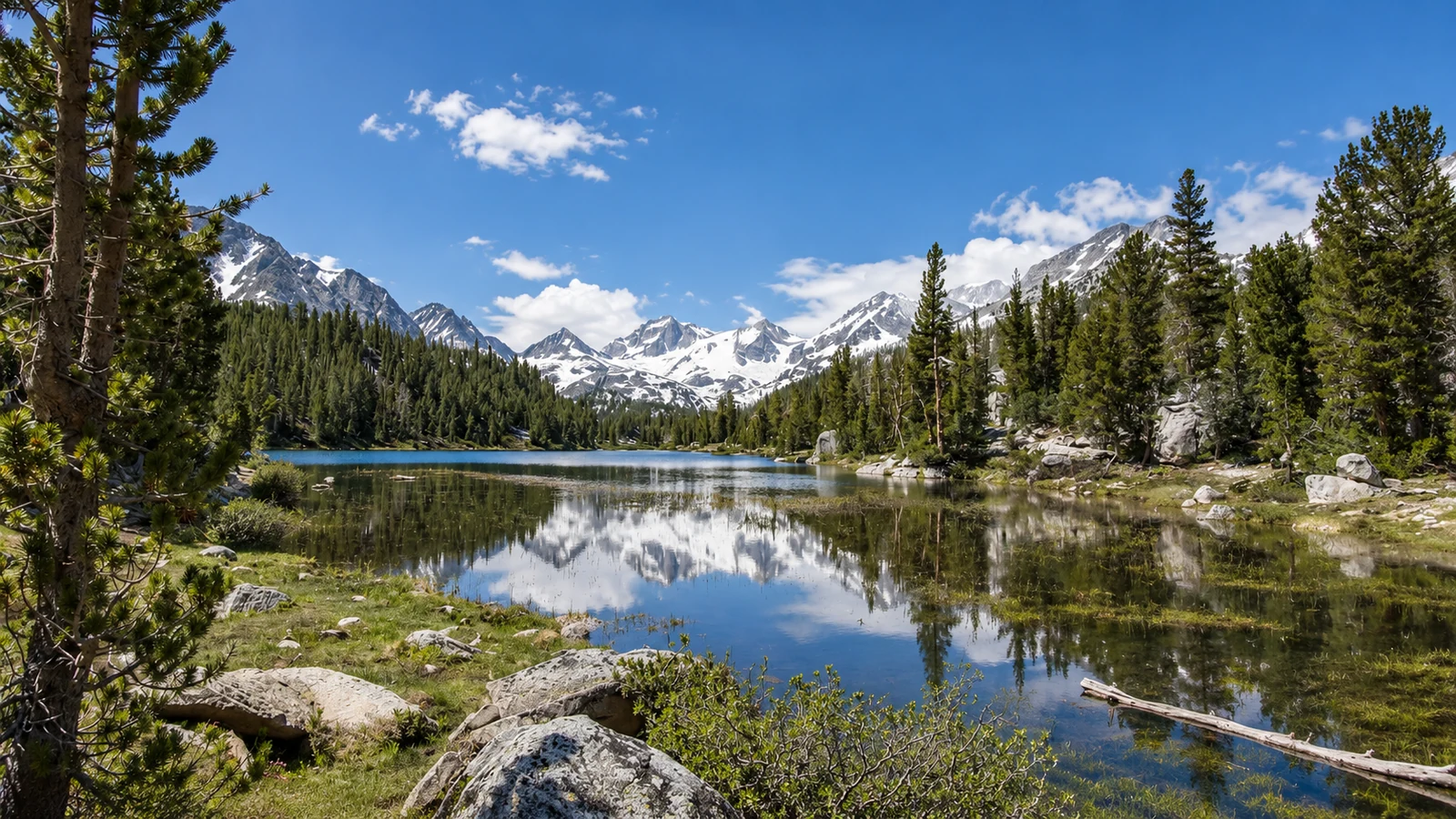 Alpine lake reflecting snow-streaked Sierra peaks beneath a bright blue sky