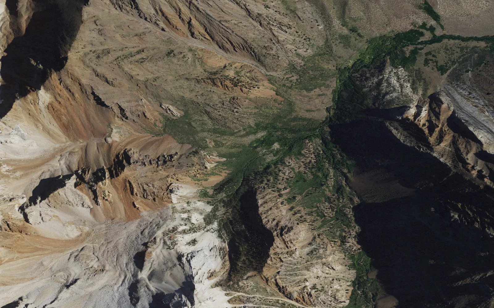 Aerial view centered on Horsetail Falls in McGee Canyon