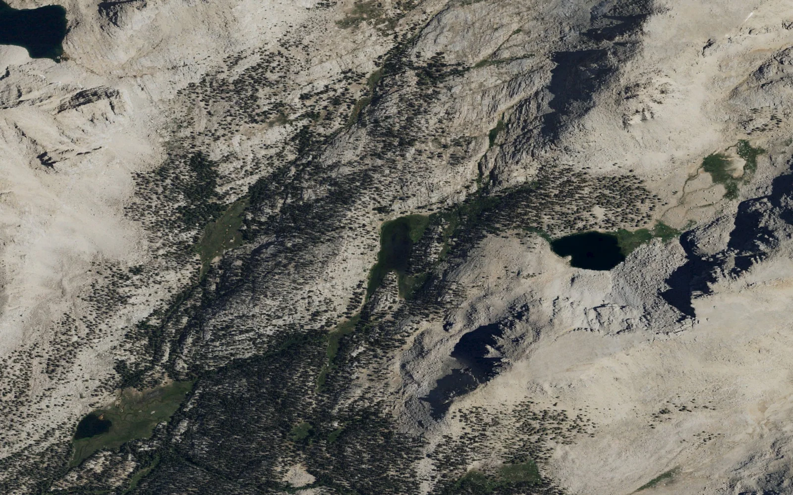 Aerial view centered on Rock Creek Lake in Sequoia National Park